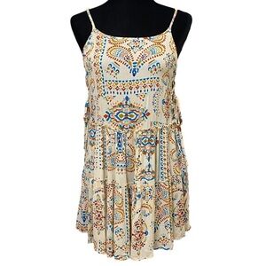 Patrons Of Peace Boho Tiered Mini Dress Adjustable Straps Retro Hippie XS